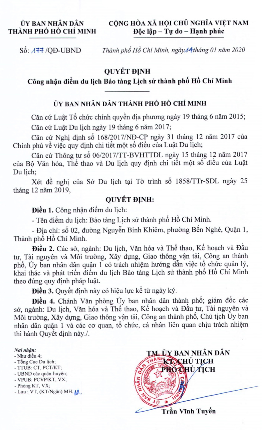 QUYẾT ĐỊNH CÔNG NHẬN ĐIỂM DU LỊCH BẢO TÀNG LỊCH SỬ TP.HCM CỦA UBND TP.HCM