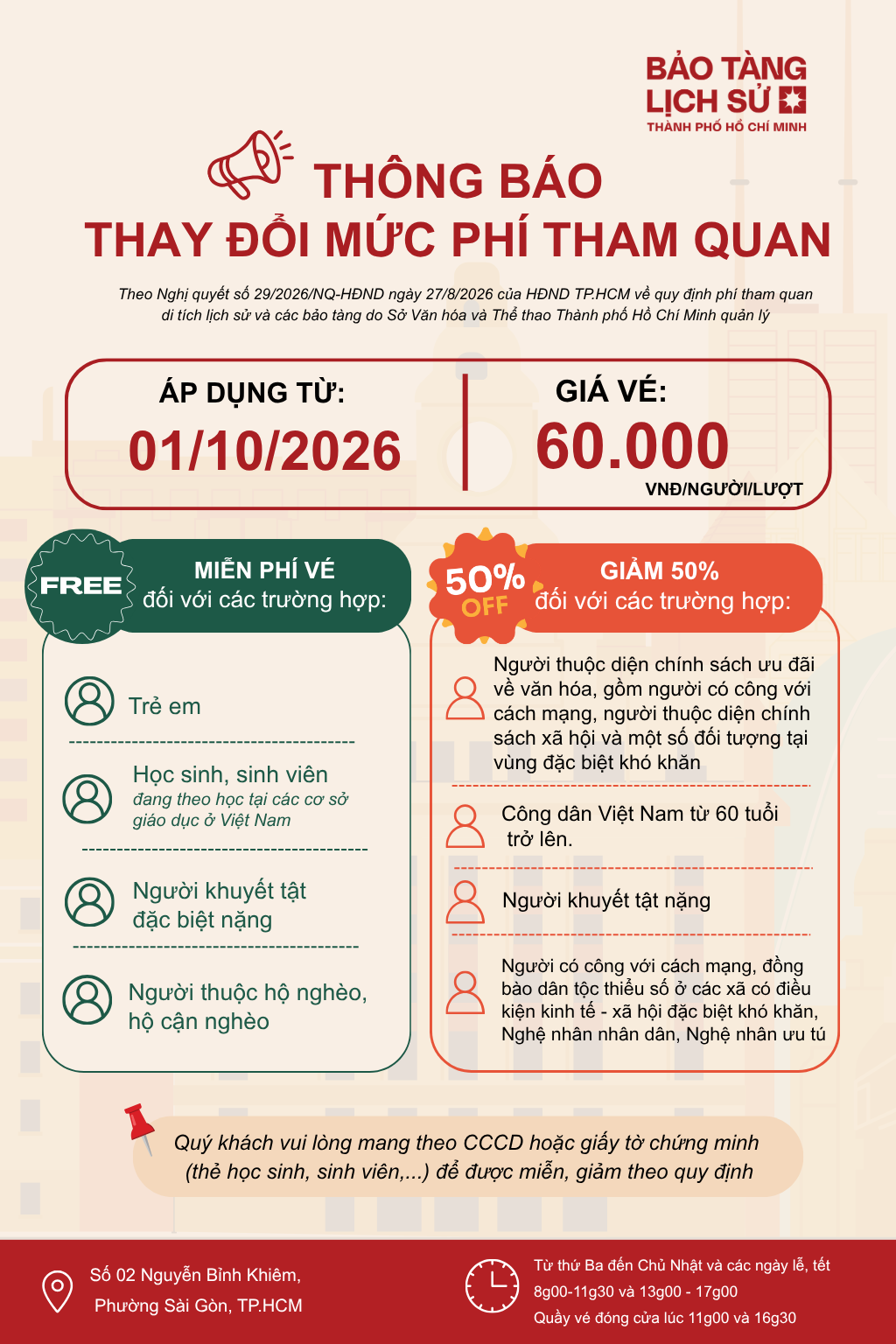 THÔNG BÁO THAY ĐỔI MỨC PHÍ THAM QUAN BẢO TÀNG